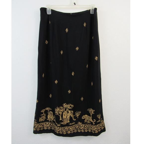 Alfred Dunner 20W Black Midi Skirt Gold Safari Animal Printed Boho Plus Size VTG - Picture 1 of 7